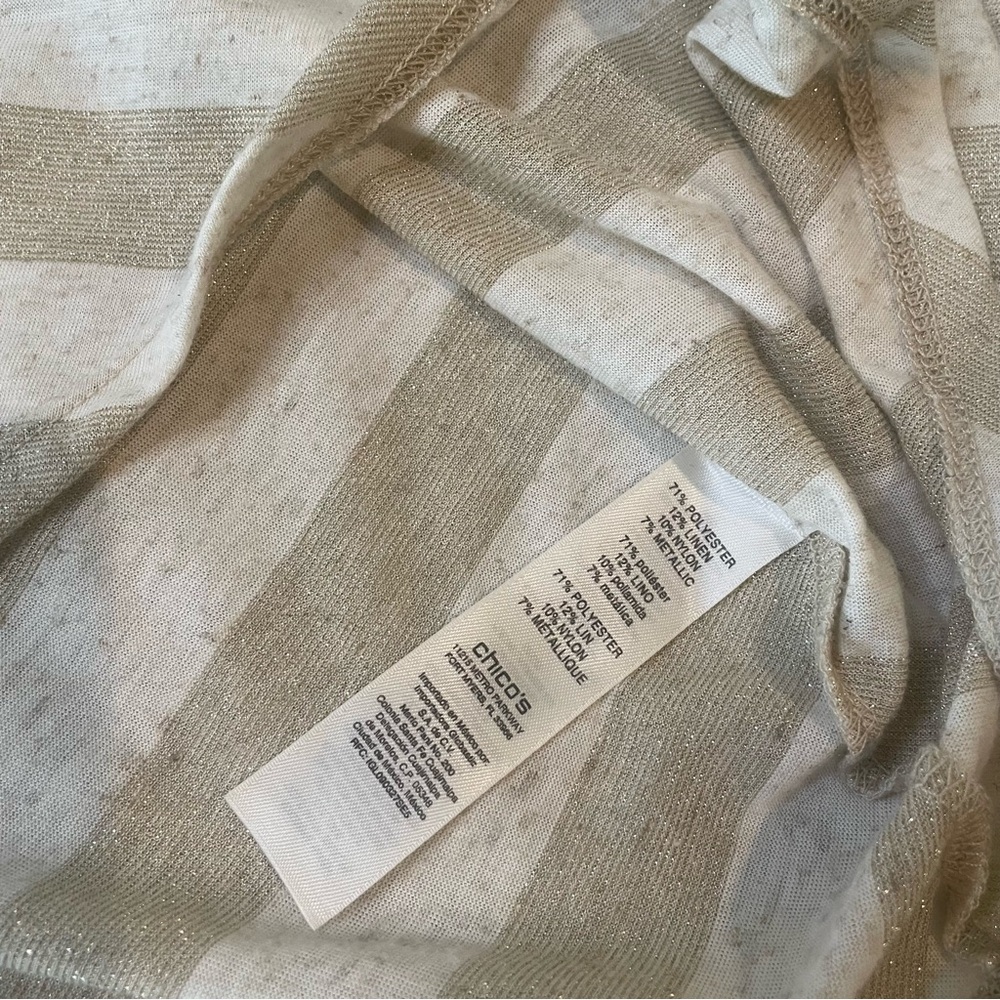 Chico’s Tan Linen Metallic Gold Diagonal Stripe V-Neck Top Chico’s size 3 / XL - Picture 7 of 11